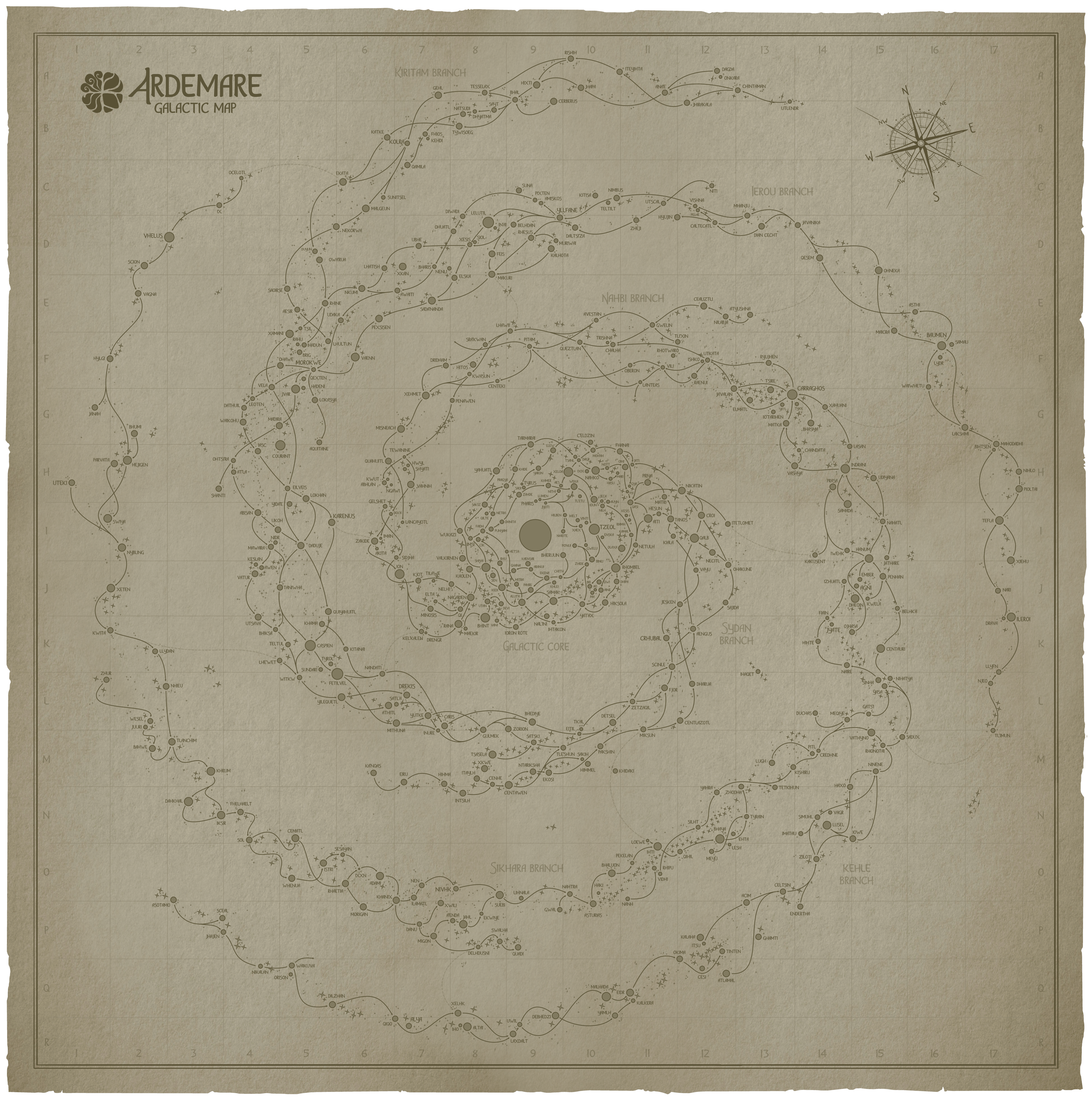 A paper map of the Ardemare galaxy, a spiral galaxy with several arms and roughly 500 planetary star systems and many times more stars without planets