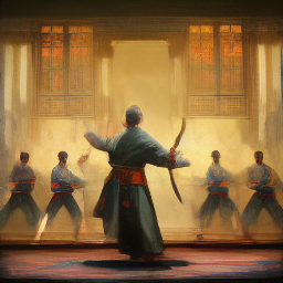 a monk trains in a dojo with other monks