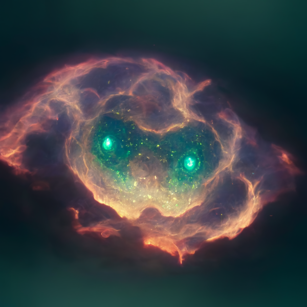 a colorful nebula of green pink and gold with two green eyes