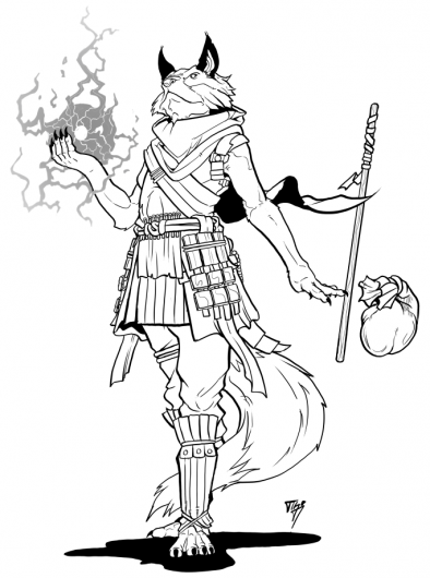 A fox variant ulfar desimancer wielding lightning and levitating their travel items