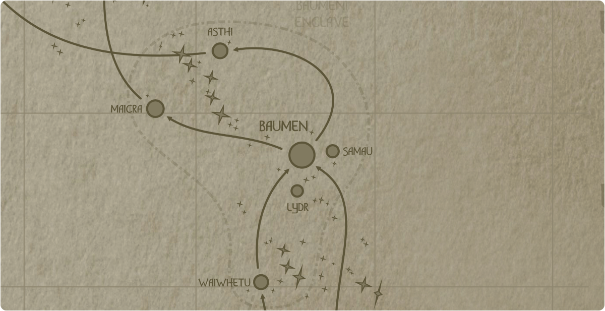 A paper map of the region surrounding the Baumen star system A paper map of the region surrounding the Baumen star system