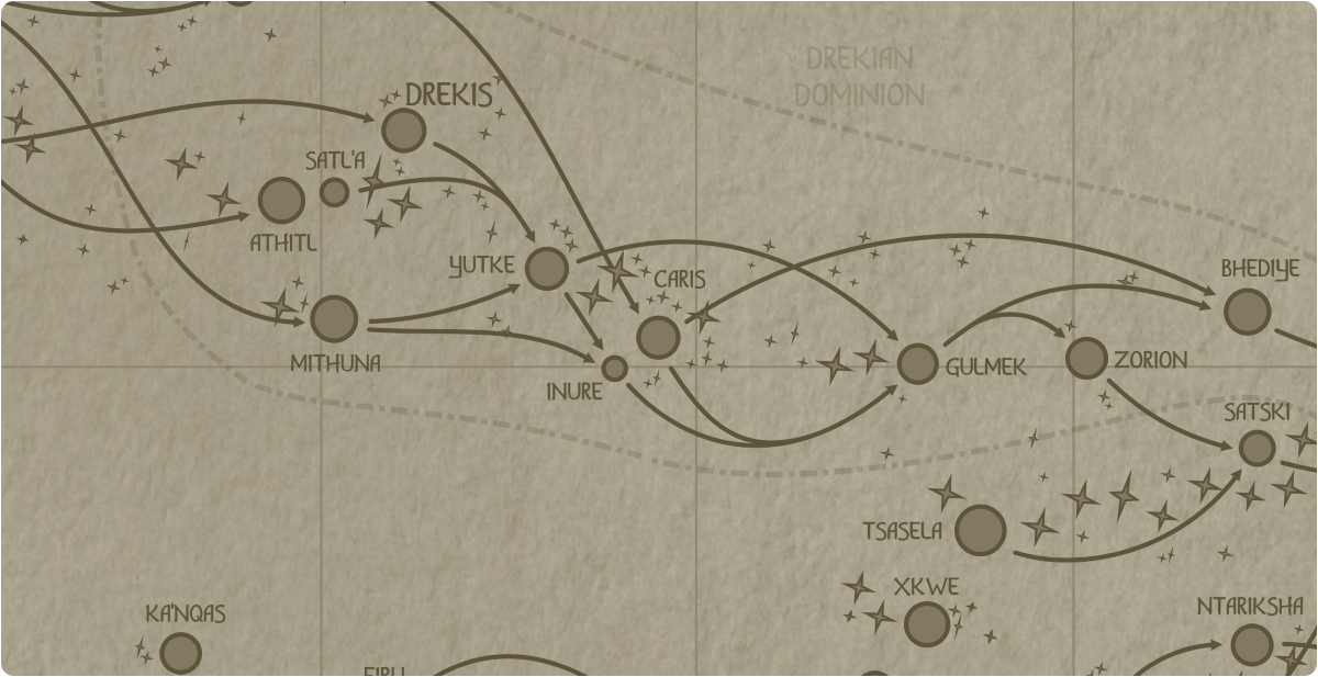 A paper map of the region surrounding the Caris star system A paper map of the region surrounding the Caris star system
