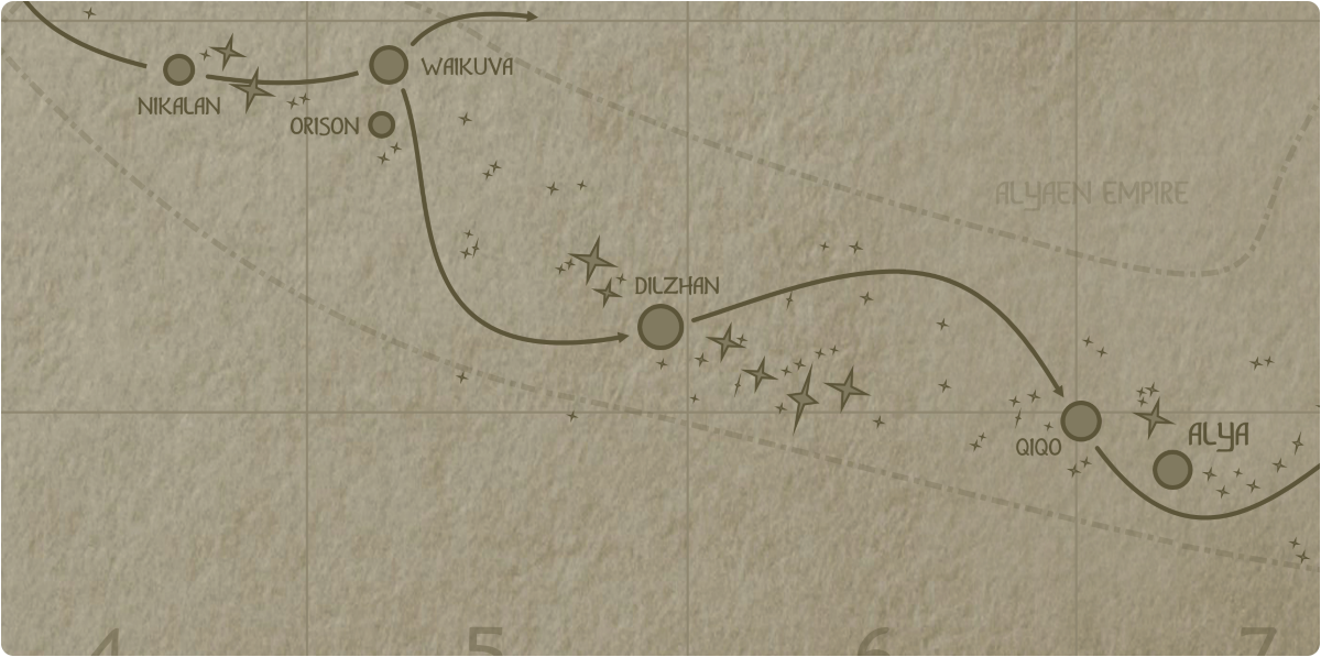A paper map of the region surrounding the Dilzhan star system A paper map of the region surrounding the Dilzhan star system