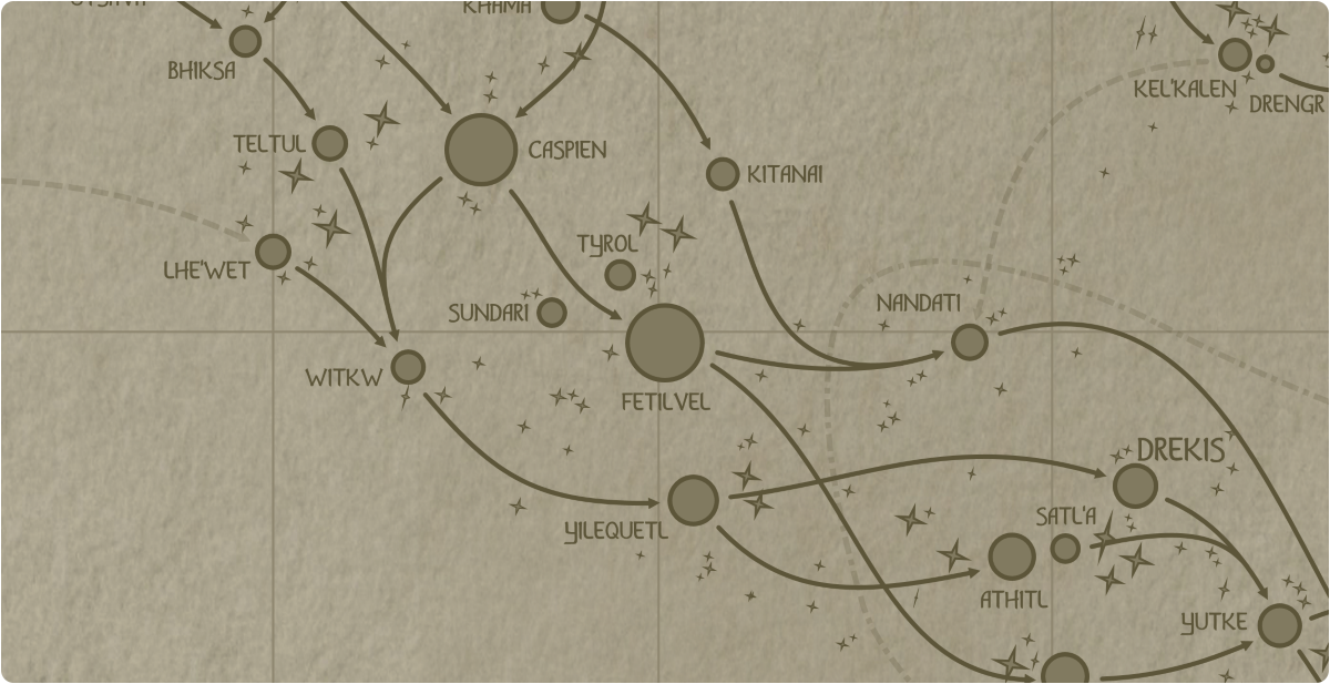 A paper map of the region surrounding the Fetilvel star system A paper map of the region surrounding the Fetilvel star system