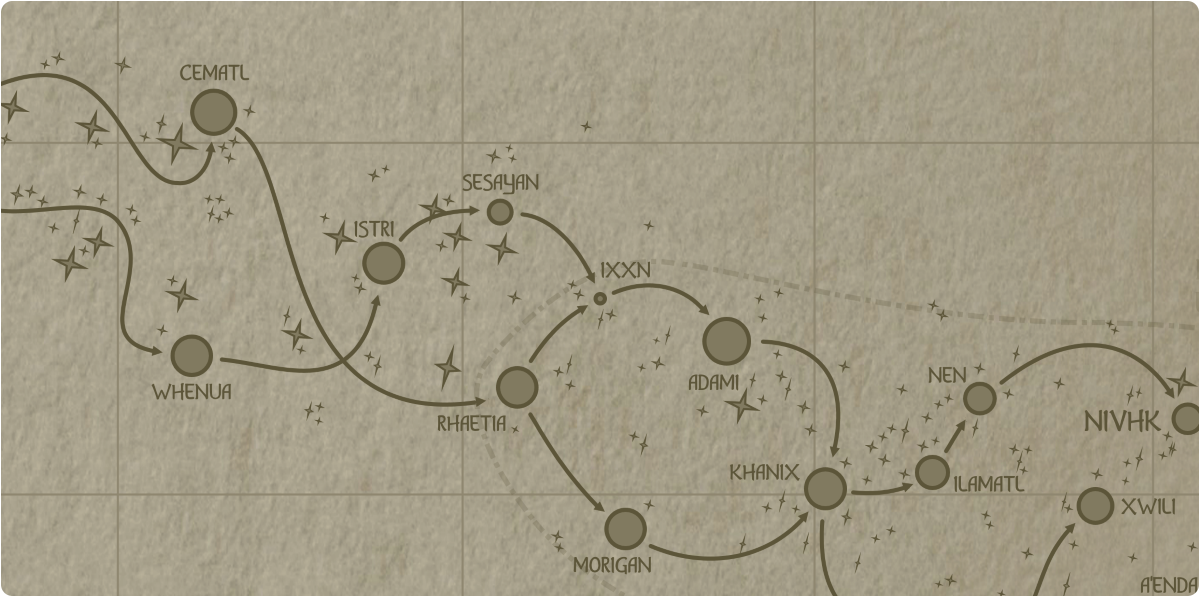 A paper map of the region surrounding the Ixxn star system A paper map of the region surrounding the Ixxn star system