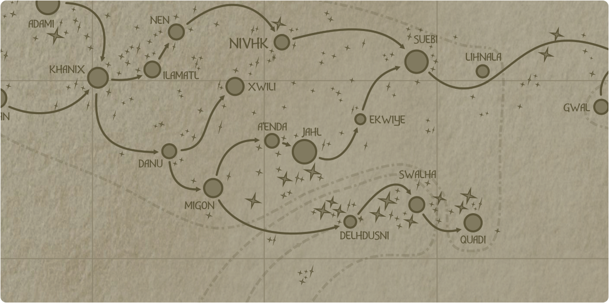 A paper map of the region surrounding the Jahl star system A paper map of the region surrounding the Jahl star system