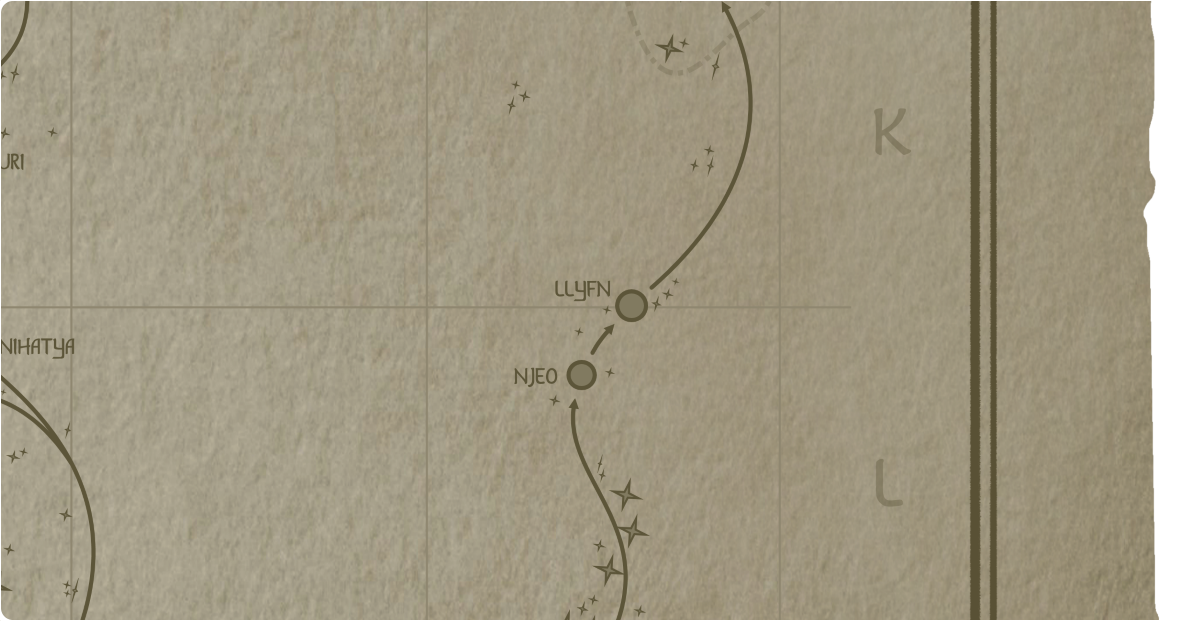 A paper map of the region surrounding the Llyfn star system A paper map of the region surrounding the Llyfn star system