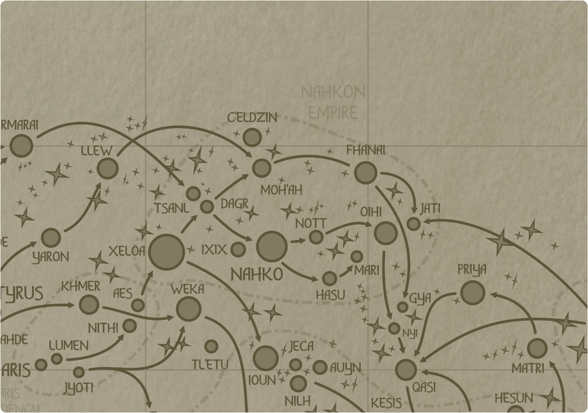 A paper style map outlining the boundaries of the Nahkon Empire A paper style map outlining the boundaries of the Nahkon Empire