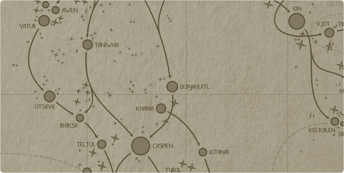 A paper map of the region surrounding the Quiyahuitl star system A paper map of the region surrounding the Quiyahuitl star system