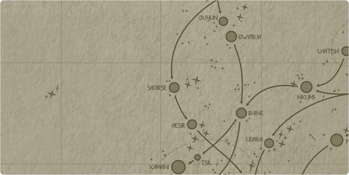 A paper map of the region surrounding the Saoirse star system A paper map of the region surrounding the Saoirse star system