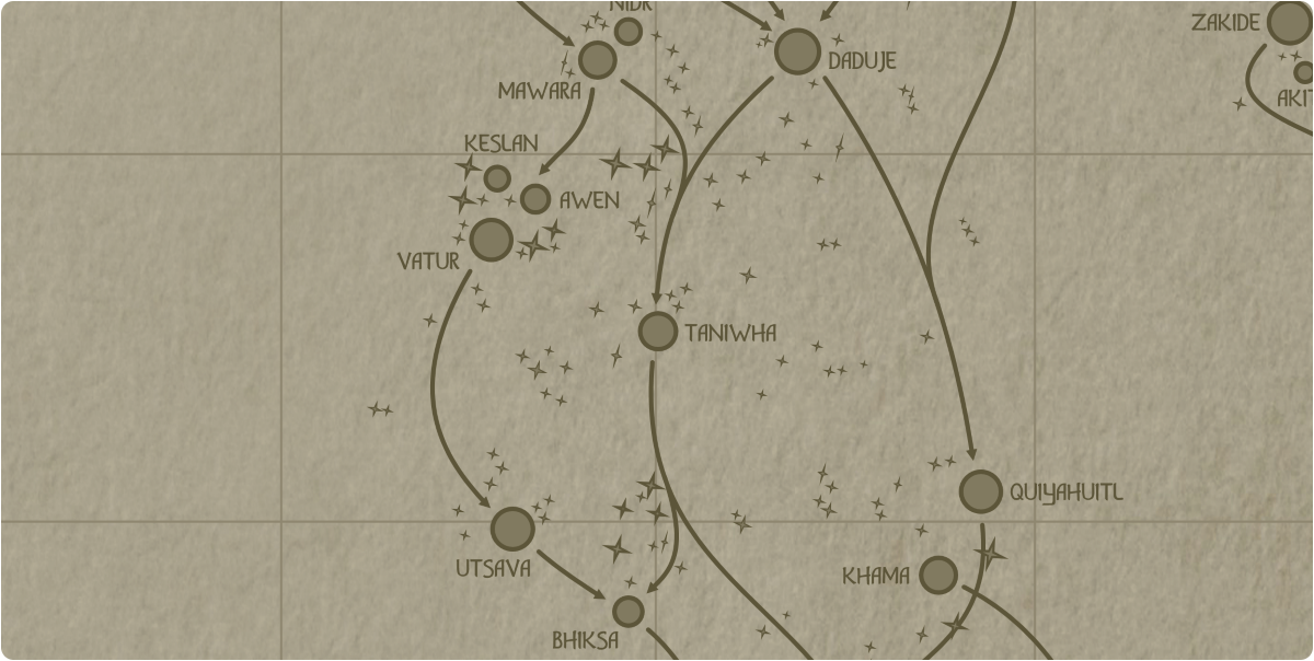 A paper map of the region surrounding the Taniwha star system A paper map of the region surrounding the Taniwha star system