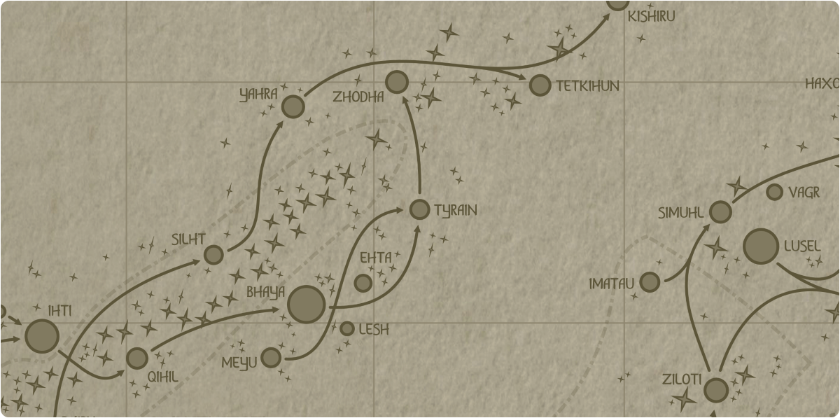 A paper map of the region surrounding the Tyrain star system A paper map of the region surrounding the Tyrain star system