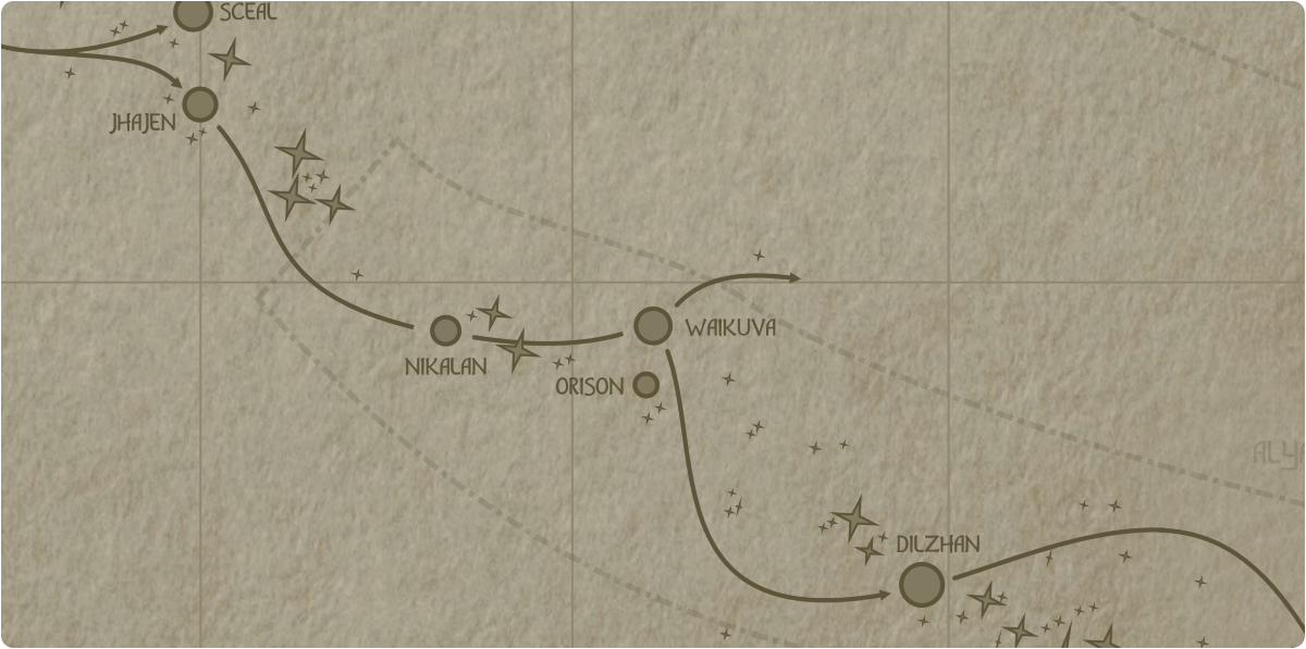 A paper map of the region surrounding the Waikuva star system A paper map of the region surrounding the Waikuva star system