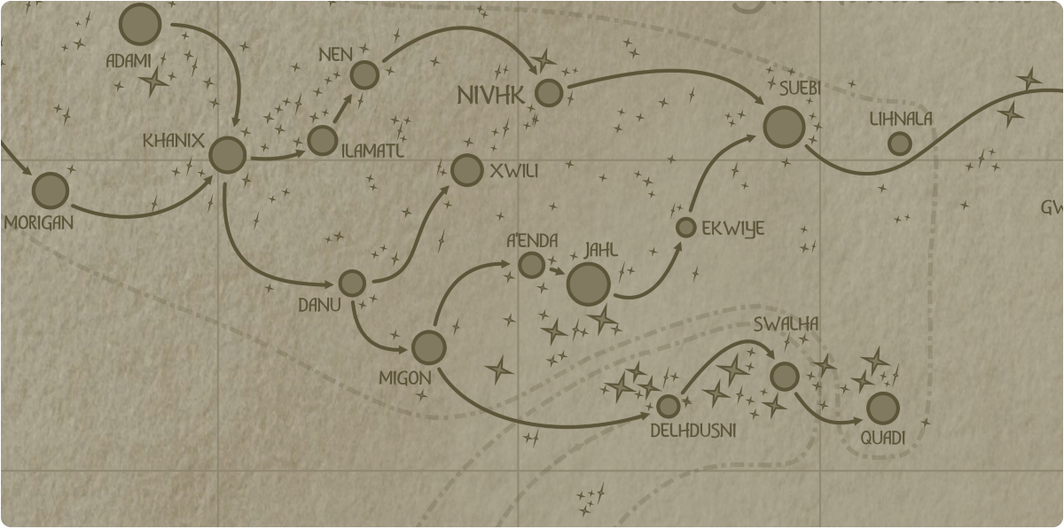 A paper map of the region surrounding the A'enda star system A paper map of the region surrounding the A'enda star system