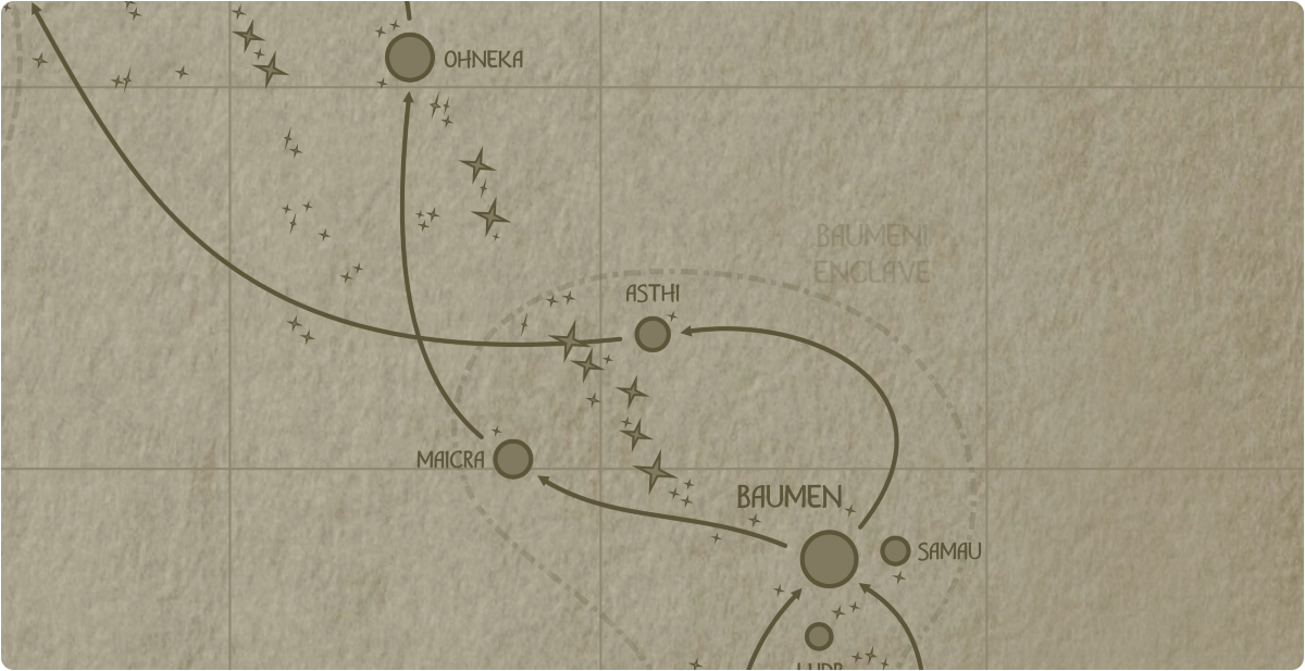 A paper map of the region surrounding the Asthi star system A paper map of the region surrounding the Asthi star system