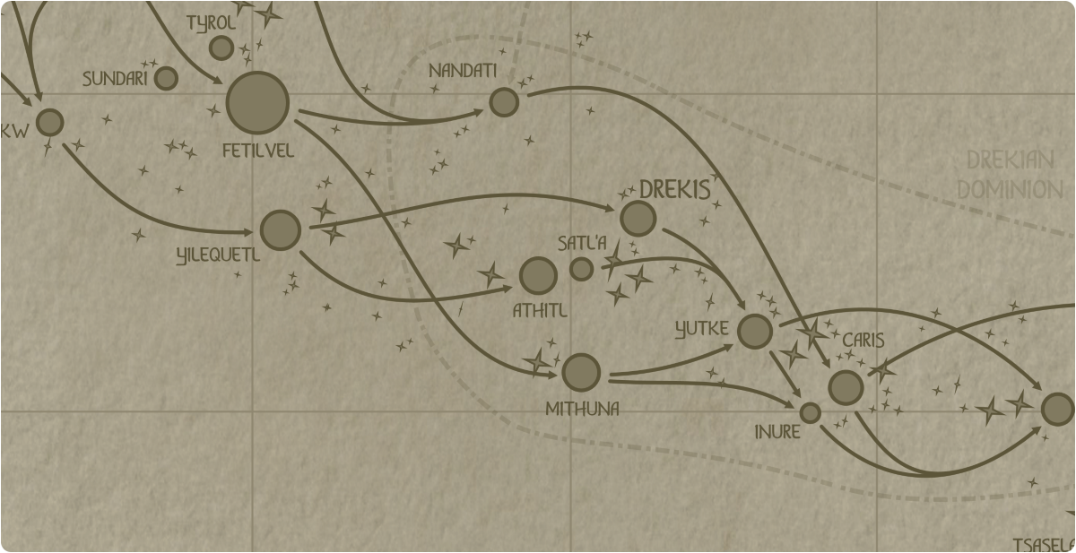 A paper map of the region surrounding the Athitl star system A paper map of the region surrounding the Athitl star system