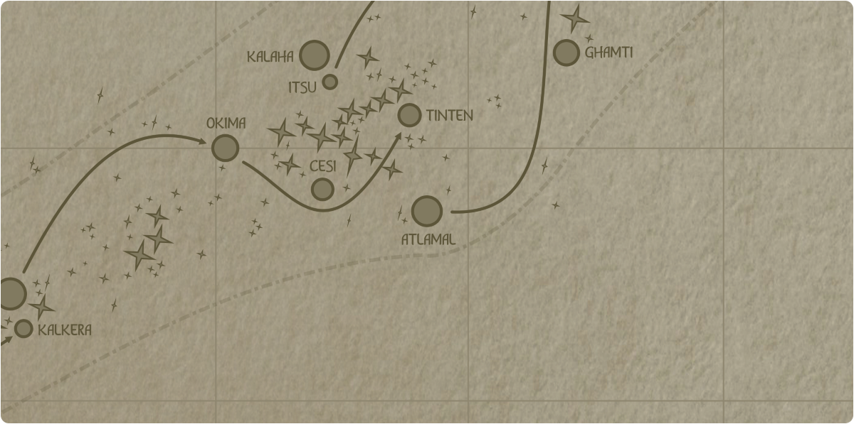 A paper map of the region surrounding the Atlamal star system A paper map of the region surrounding the Atlamal star system
