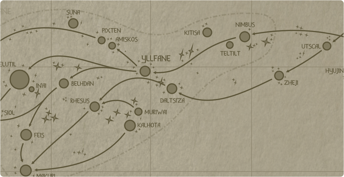 A paper map of the region surrounding the Daltsi'za star system A paper map of the region surrounding the Daltsi'za star system