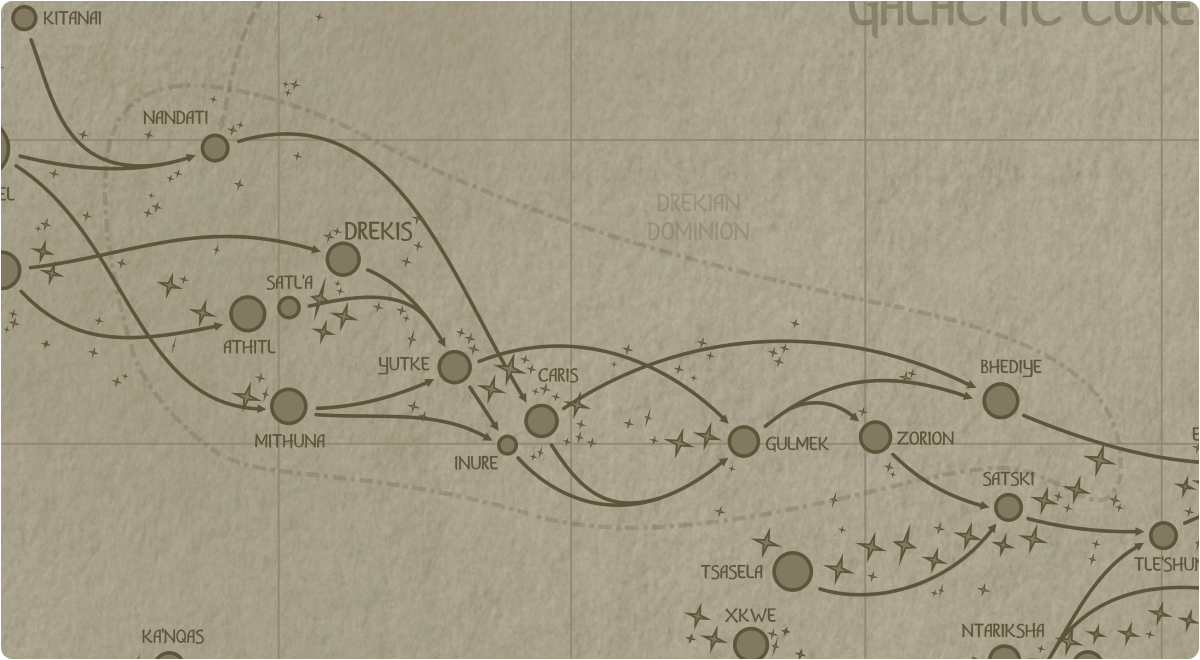 A paper style map that outlines the boundaries of the Drekian Dominion A paper style map that outlines the boundaries of the Drekian Dominion