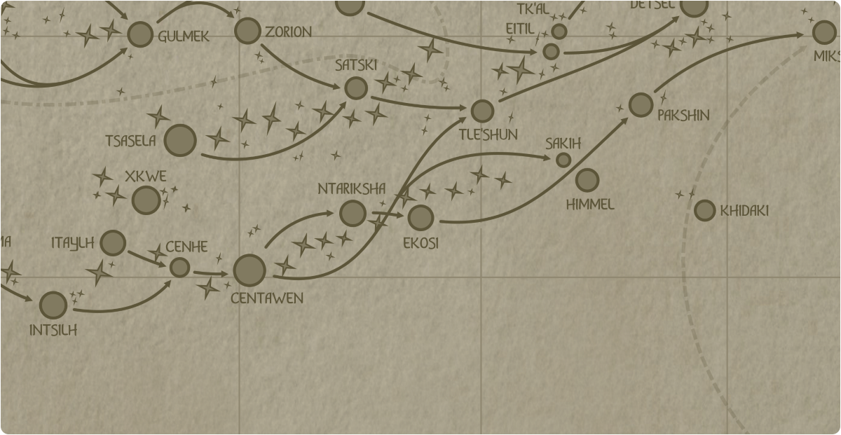 A paper map of the region surrounding the Ekosi star system A paper map of the region surrounding the Ekosi star system