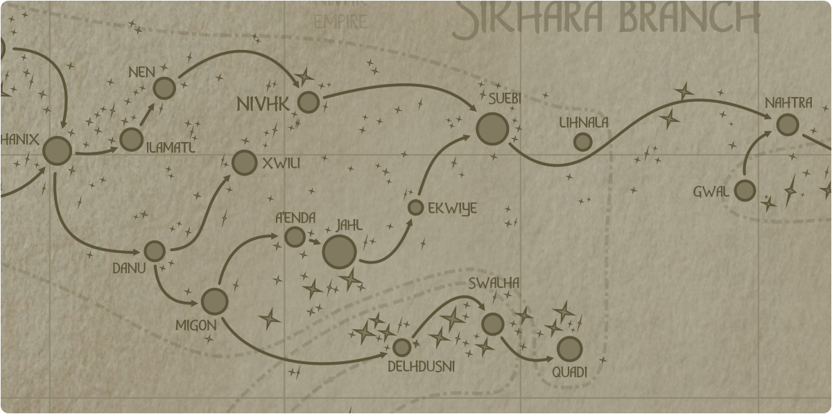 A paper map of the region surrounding the Ekwiye star system A paper map of the region surrounding the Ekwiye star system