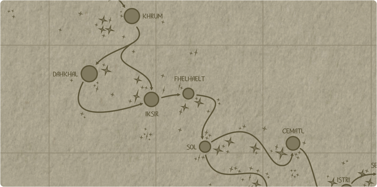A paper map of the region surrounding the Fhelhaelt star system A paper map of the region surrounding the Fhelhaelt star system