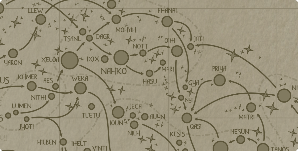 A paper map of the region surrounding the Hasu star system A paper map of the region surrounding the Hasu star system