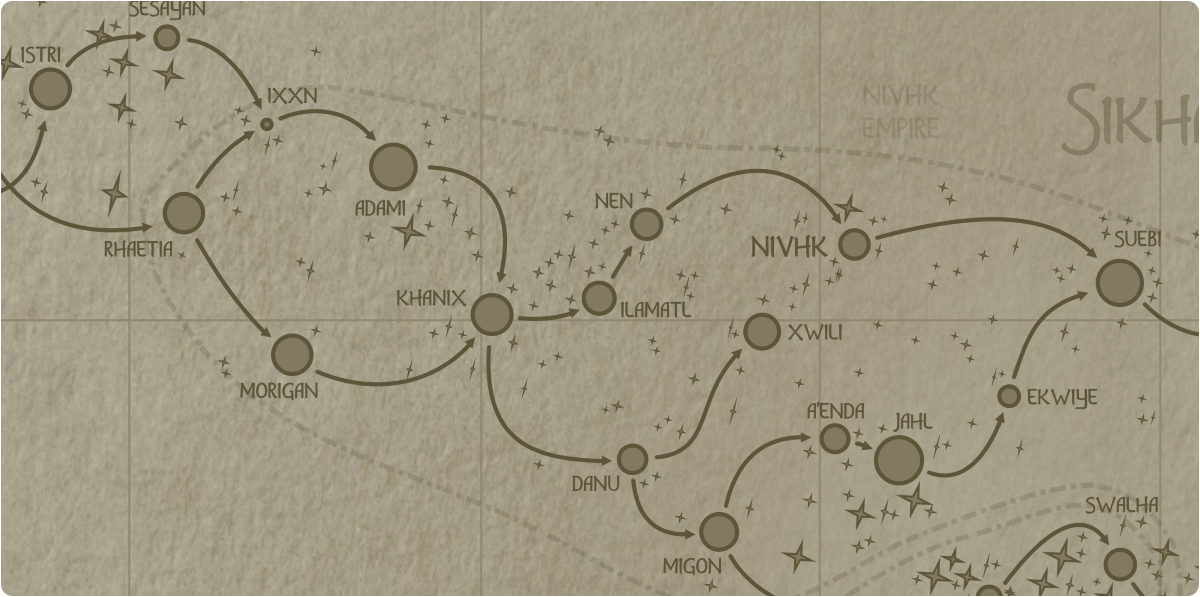 A paper map of the region surrounding the Ilamatl star system A paper map of the region surrounding the Ilamatl star system