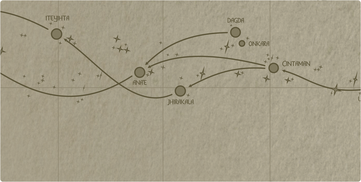 A paper map of the region surrounding the Jhirakala star system A paper map of the region surrounding the Jhirakala star system