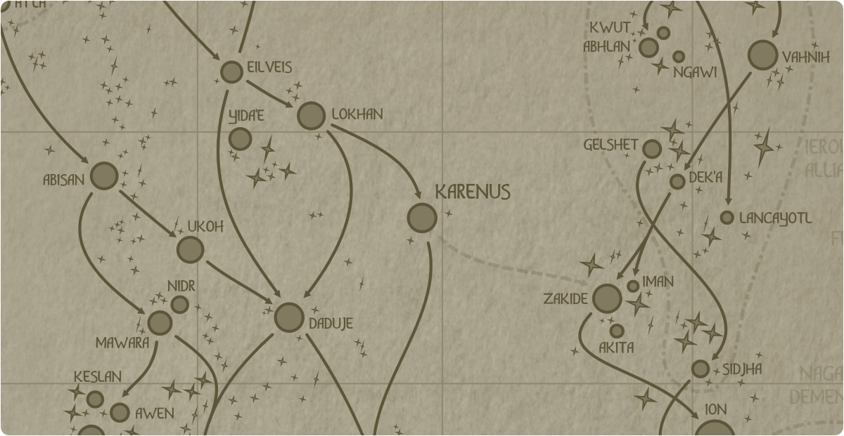 A paper map of the region surrounding the Karenus star system A paper map of the region surrounding the Karenus star system