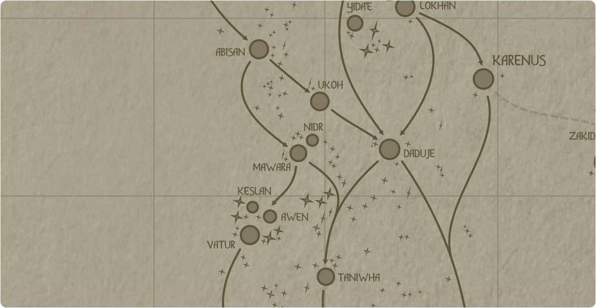 A paper map of the region surrounding the Mawara star system A paper map of the region surrounding the Mawara star system