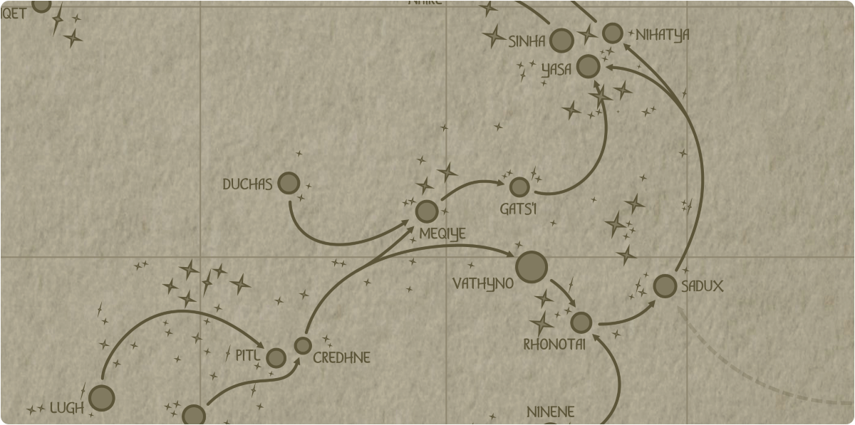 A paper map of the region surrounding the Meqiye star system A paper map of the region surrounding the Meqiye star system
