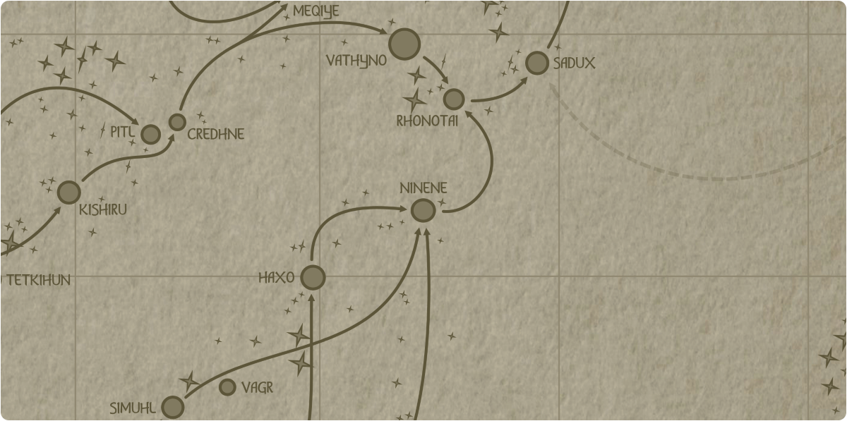 A paper map of the region surrounding the Ninene star system A paper map of the region surrounding the Ninene star system