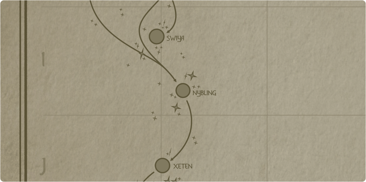 A paper map of the region surrounding the Nybling star system A paper map of the region surrounding the Nybling star system
