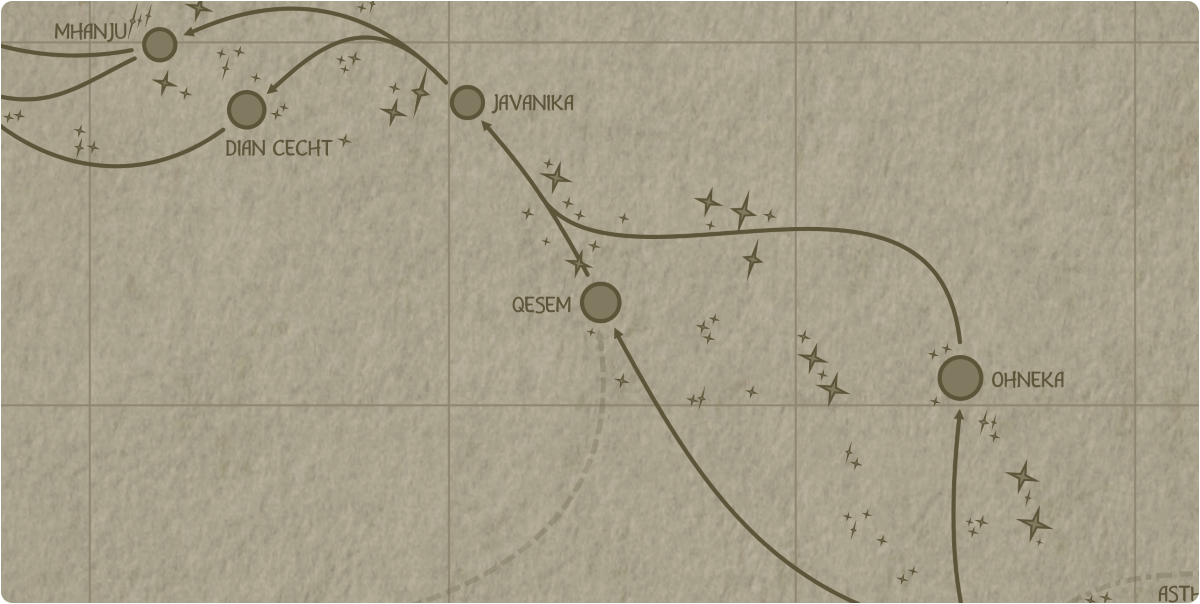 A paper map of the region surrounding the Qesem star system A paper map of the region surrounding the Qesem star system