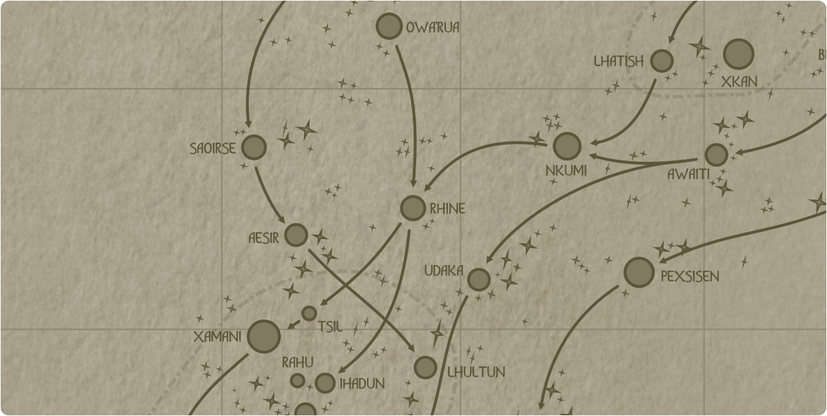 A paper map of the region surrounding the Rhine star system A paper map of the region surrounding the Rhine star system