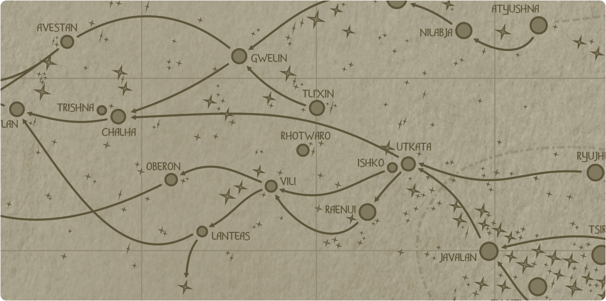 A paper map of the region surrounding the Rhotwaro star system A paper map of the region surrounding the Rhotwaro star system
