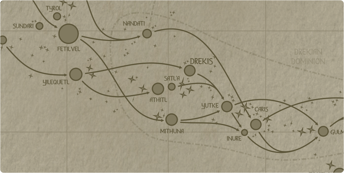 A paper map of the region surrounding the Satl'a star system A paper map of the region surrounding the Satl'a star system