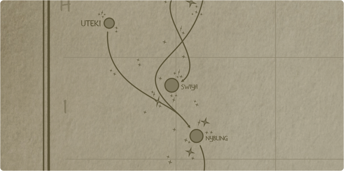 A paper map of the region surrounding the Swiya star system A paper map of the region surrounding the Swiya star system