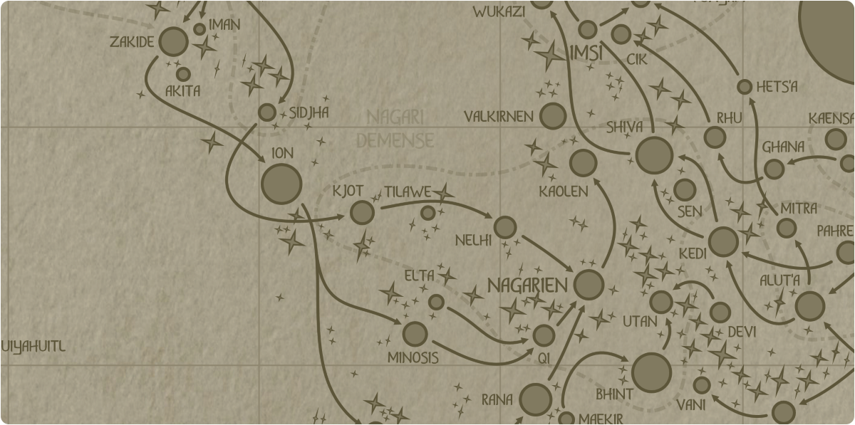 A paper map of the region surrounding the Tilawe star system A paper map of the region surrounding the Tilawe star system