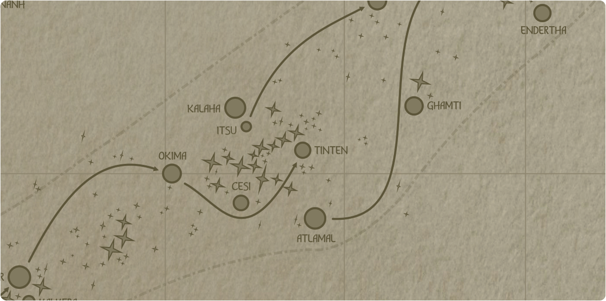 A paper map of the region surrounding the Tinten star system A paper map of the region surrounding the Tinten star system