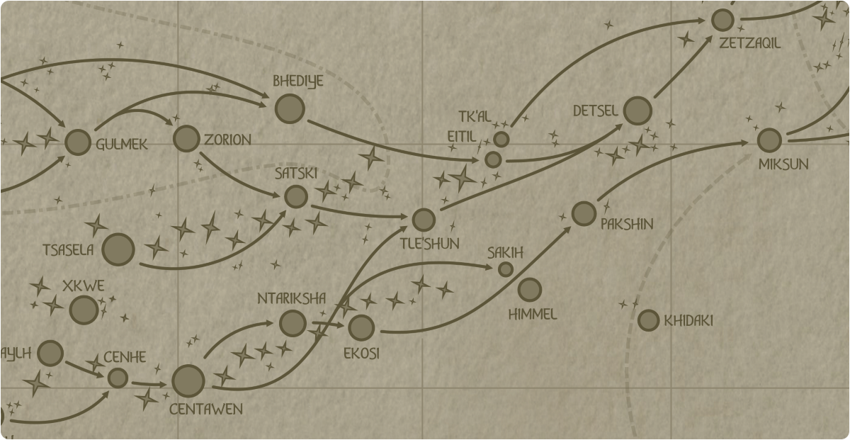 A paper map of the region surrounding the Tle'shun star system A paper map of the region surrounding the Tle'shun star system
