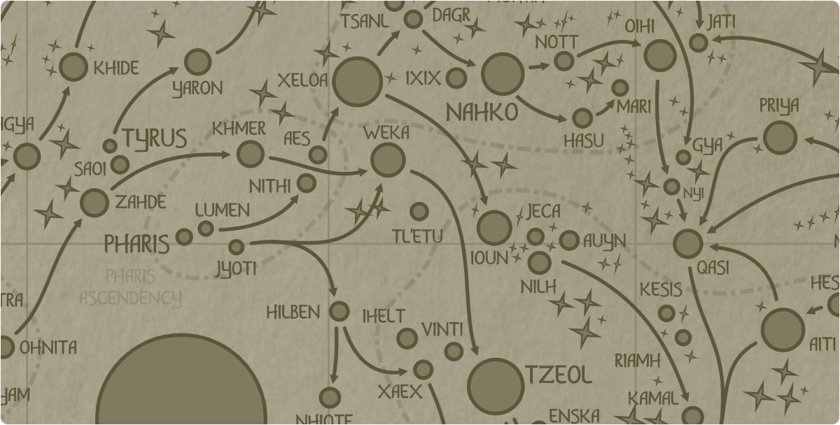 A paper map of the region surrounding the Tl'etu star system A paper map of the region surrounding the Tl'etu star system
