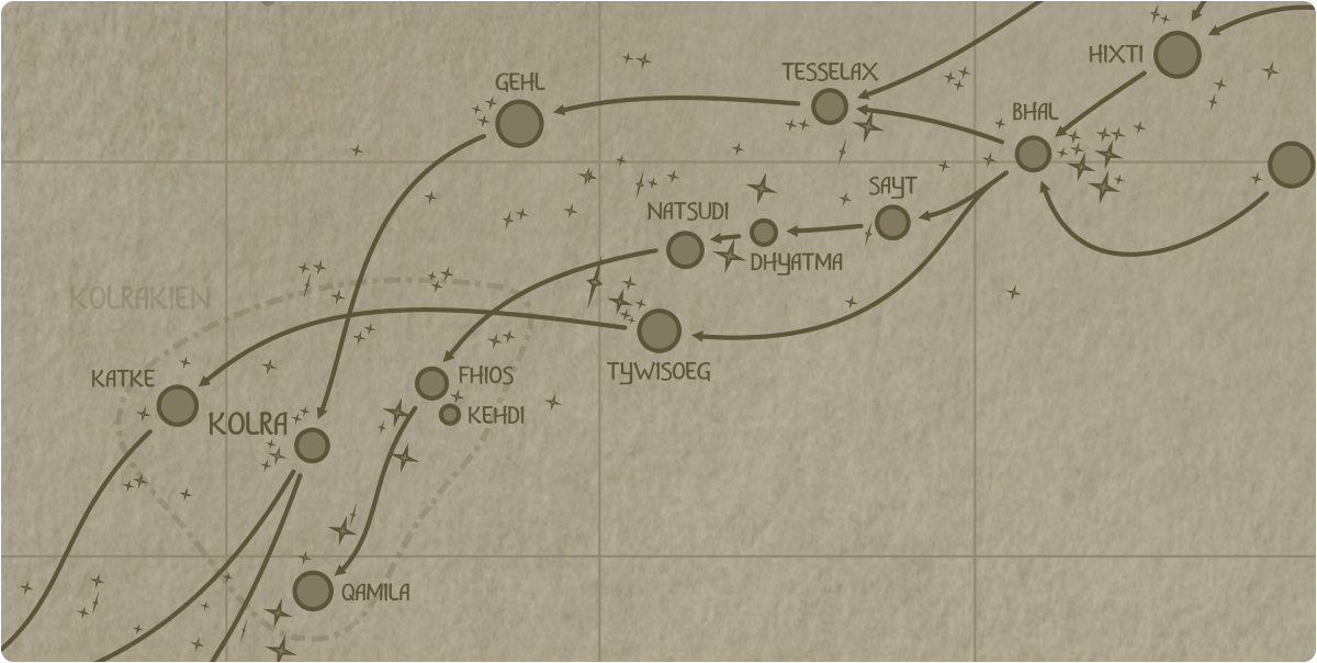 A paper map of the region surrounding the Tywisoeg star system A paper map of the region surrounding the Tywisoeg star system