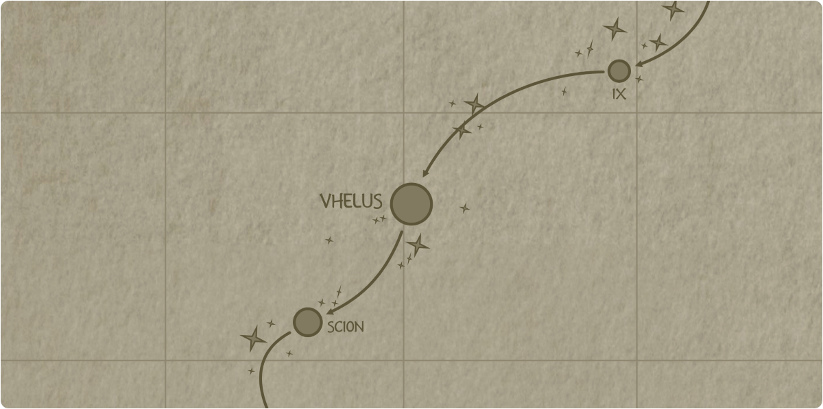 A paper map of the region surrounding the Vhelus star system A paper map of the region surrounding the Vhelus star system