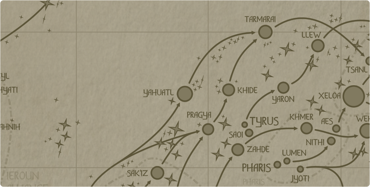 A paper map of the region surrounding the Yahuatl star system A paper map of the region surrounding the Yahuatl star system