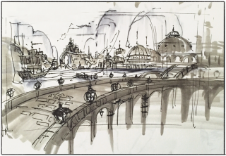 Sketch drawing of the city of Arutal, depticting a bridge and several buildings over a bay Sketch drawing of the city of Arutal, depticting a bridge and several buildings over a bay