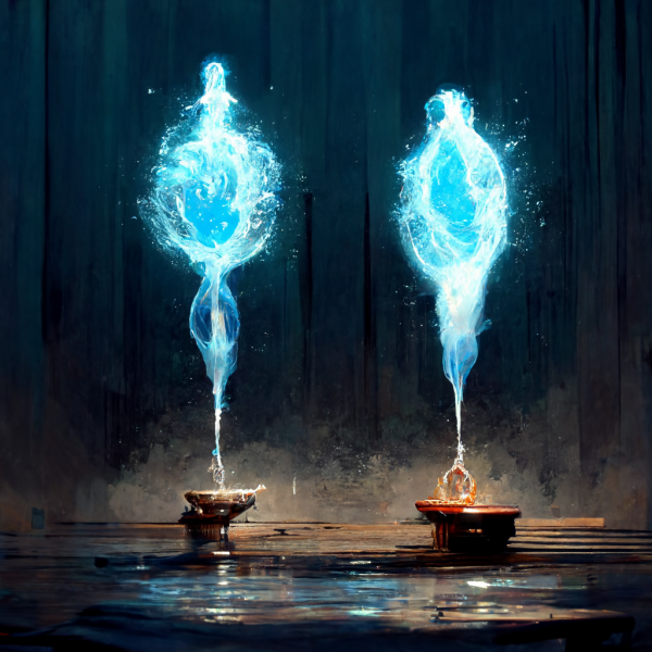 two glowing blasts of water rise up out of stone bowls