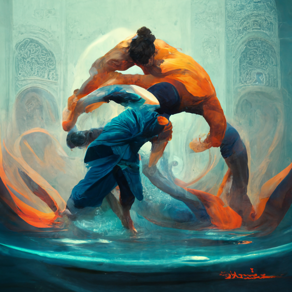 hydromancer grapples with a martialist in a pool of water
