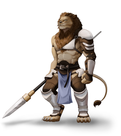A depiction of captain Ian McCready, a male Zeol Martialist, wielding a spear